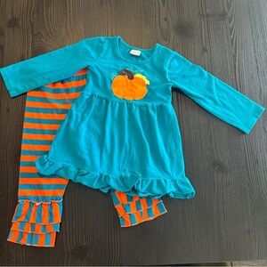 EUC Teal and Orange Pumpkin appliqué pant set size 4/5